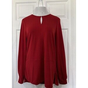 Lauren Ralph Lauren Keyhole Neck Red Stretch Georgette LS Tunic Top Blouse L